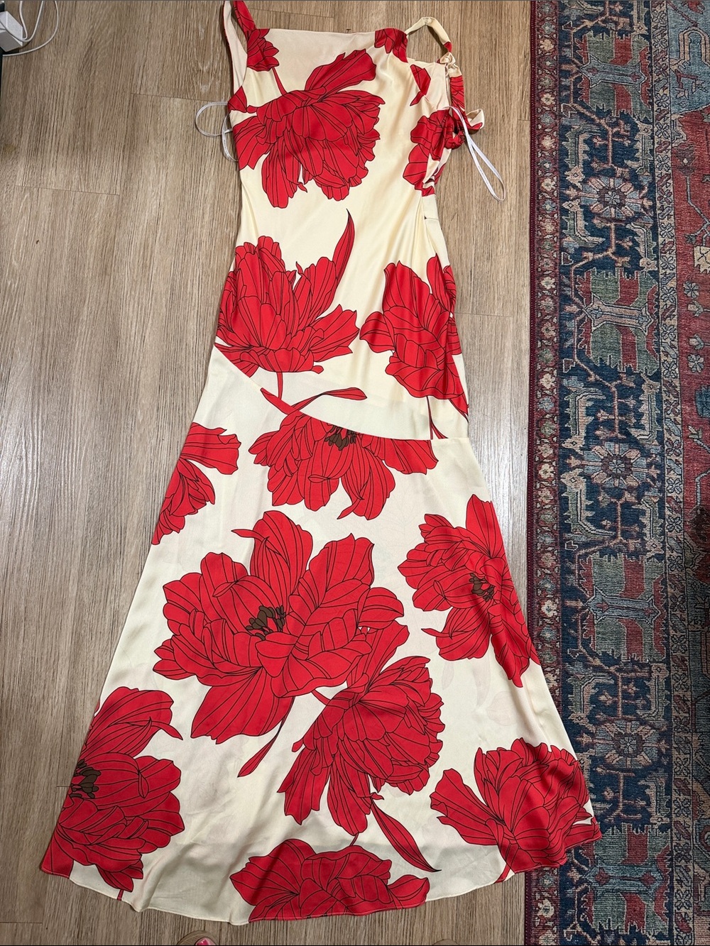 Donna Karan Red Floral Cream Maxi Dress - Sleeveless Tie-Strap size 8 - Picture 4 of 6